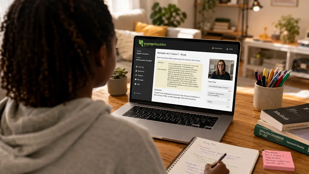 A learner taking an online tuition session on a laptop at home