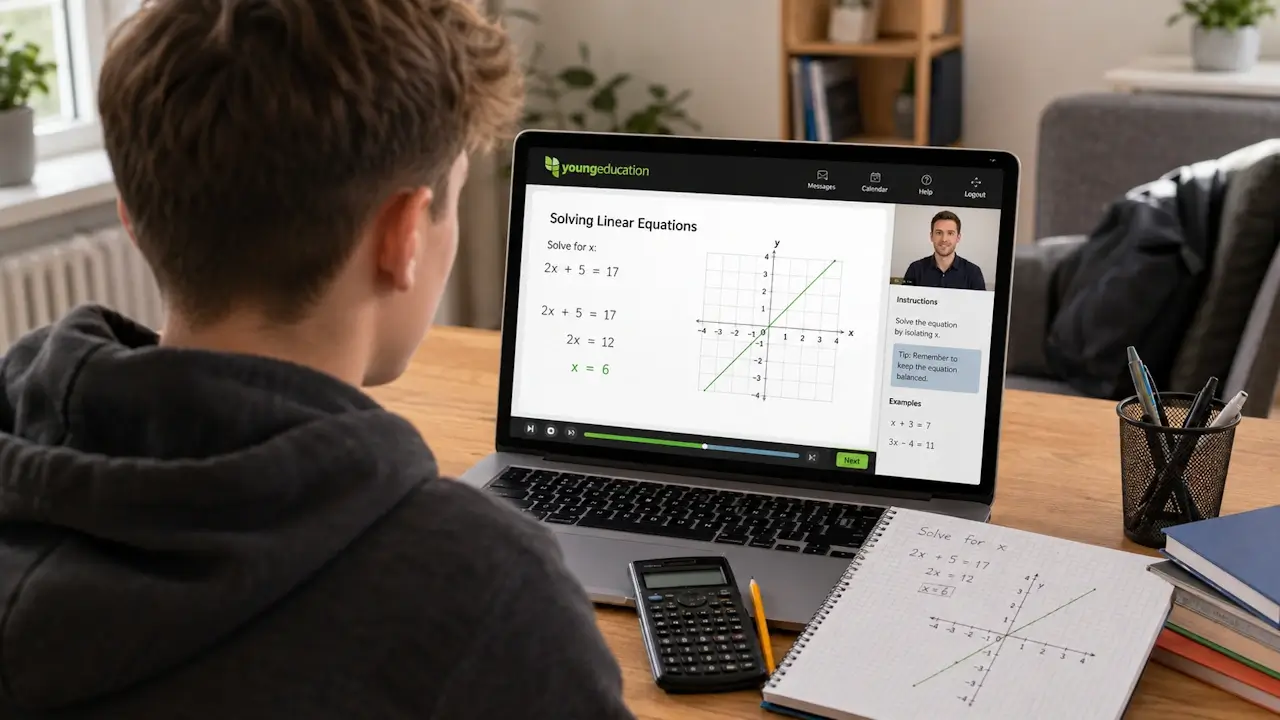 A tutor teaching an online lesson from a home study