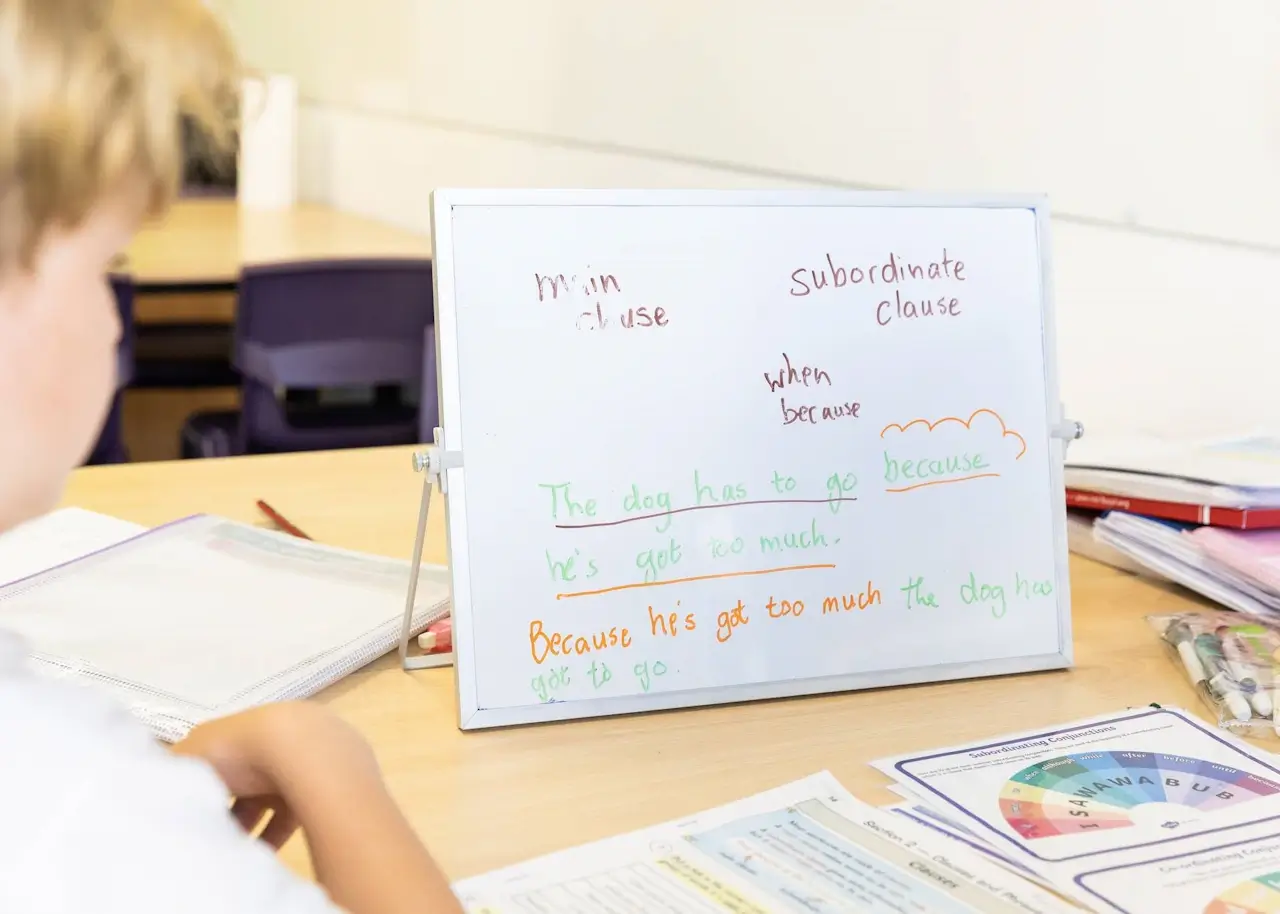 A primary aged child working on English with a tutor